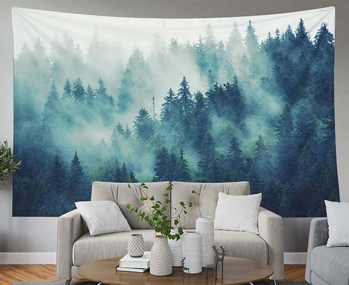 EMMTEEY Forest Tapestry Wall Art - Misty Pine Tree Landscape with Foggy Mountain, Large 92.5x70.9 Inch Nature-Themed Decor for Living Room Bedroom Indoor Spaces