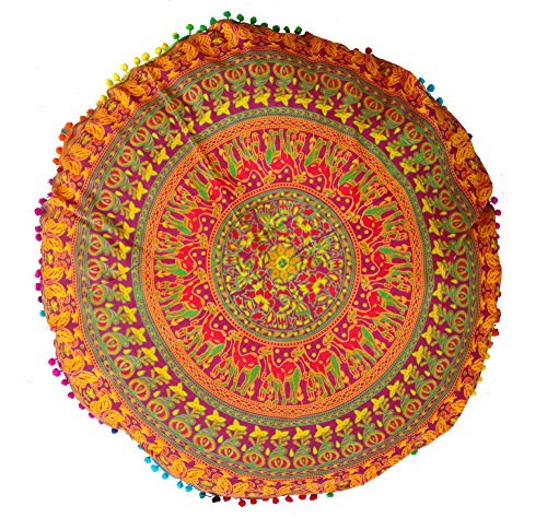 Rastogi Handicrafts 32" COR Mandala Floor Pillow Cushion Seating Throw Cover Bohemian Ottoman Poufs, Pom Pom Pillow Cases,Boho Indian (RED Camel) - color: Red Camel