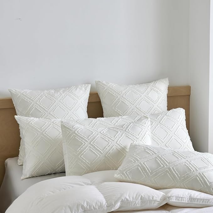 Standard Pillow Shams 2 Pack, Standard Size Pillowcases, Soft Microfiber Geometric Tufted Pillow Covers with Envelope Closure, Ivory, 20x26 Inches