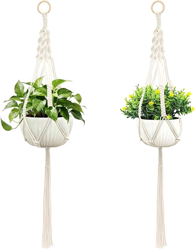 Macrame Plant Hanger, Hanging Planter Basket with Decorative Tassels, Decorative Flower Pot Holder for Indoor Outdoor Boho Home Decor, Set of 2 (Wooden Hanging Ring)