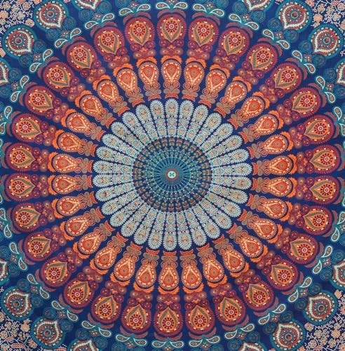 Bless International Handmade Indian hippie Bohemian Psychedelic Peacock Mandala Wall hanging College Dorm Beach Throws Table Cloth Bedding Tapestry (Blockbuster, Medium(54x60Inches)(137x152cms)) - color: Blockbuster, size: 60"L x 54"W