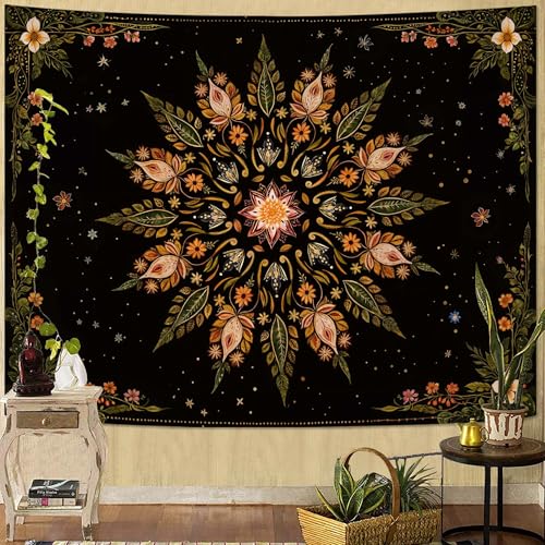 Fowocu Boho Floral Mandala Tapestry for Bedroom Aesthetic Vintage Bohemian Flower Wall Tapestry Black Green Hippie Indian Small Tapestries Wall Hanging for Living Room Dorm Decor 48 x 36 Inch - color: Black Green, size: 48"L x 36"W