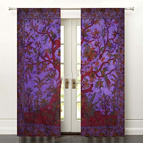 Purple Tree of Life Indian Mandala Window Door Curtains Decor Wall Hanging Room Window Curtains Wall Panels Boho Cotton Tapestry Psychedelic Wall Drapes Window Treatments Set - color: Purple, size: 52"W x 82"L (Pack of 1)