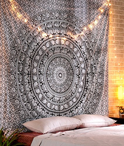 RAJRANG Indian Mandala Large Tapestry Wall Hanging Black And White Elephant Cotton Aesthetic Tapestries For Bedroom Hippie Beach Bohemian Boho Decor Table Cloth Queen 90x84 Inches - color: Black & White, size: 90"L x 84"W