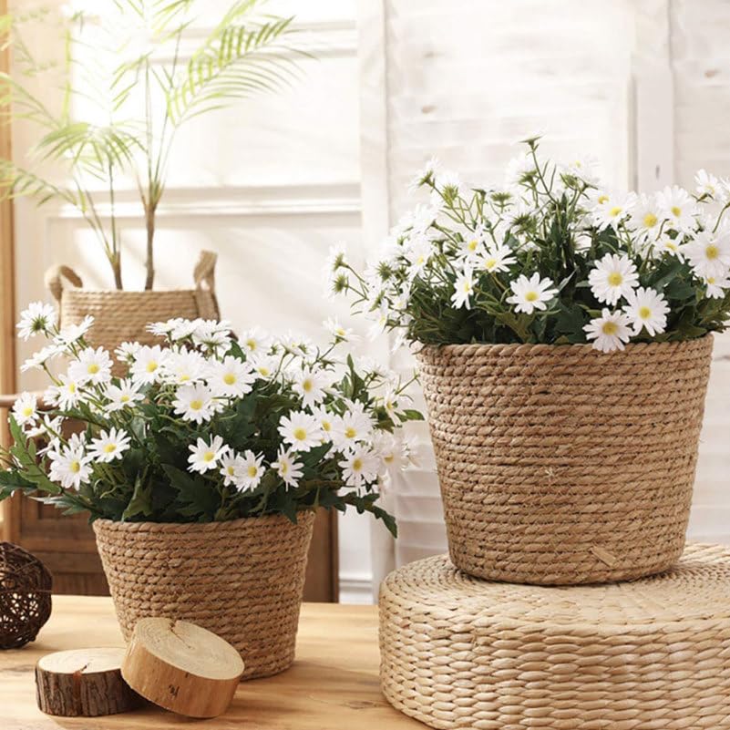 Healeved Hand Woven Planter Basket with Liner Rustic Straw Flower Pot for Indoor Outdoor Plants Balcony Living Room Decor 7.8X9.75X7.8 Inches