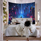 Aidatain Punk Cityscape Tapestry Skyscrapers Skyline 3D Urben Building Neon Lights Night Wall Hanging Tapestries Flannel Large Size 80" 60" for Bedroom Living Room GTWHAT102 - color: Punk Cityscape