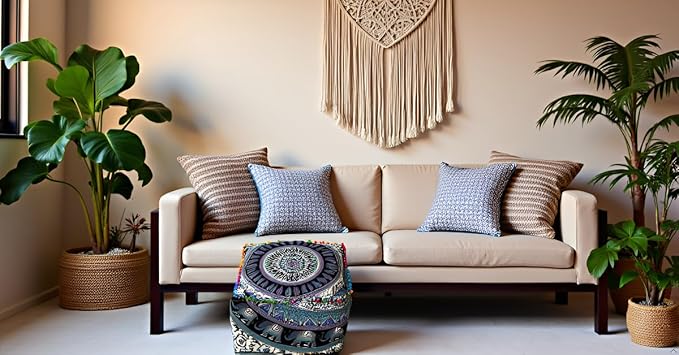 CRAFT KALA Indian Square Patchwork Traditional Pouf Cover Indian Living Room Poufs Cover Decorative Designer Ottoman Home Living Footstool Chair Ottoman Decor 20X20X14 inch, Green Deer Elephant