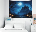 EMMTEEY Halloween Tapestry Night Forest Pumpkins Horror Castle Ceiling Tapestry 50X60 Vertical Wall Art for Bedroom Living Room Fall Backdrop