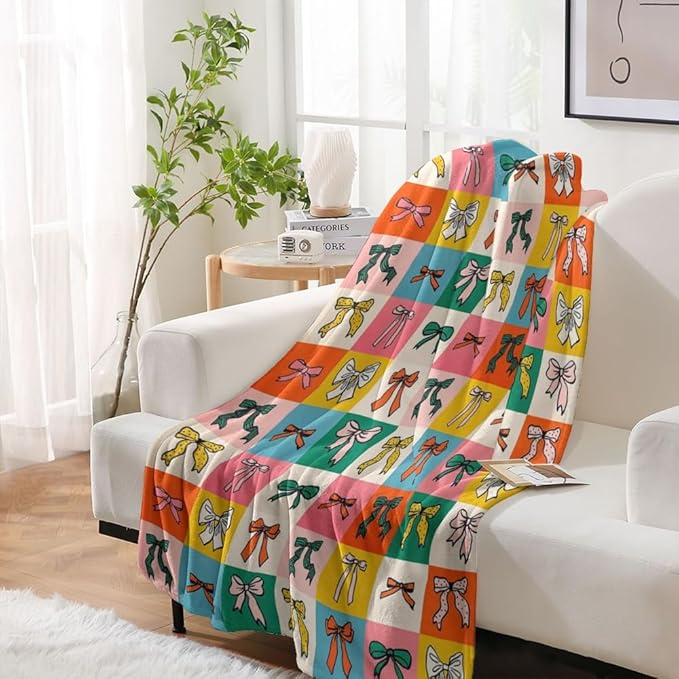 Colorful Bow Throw Blanket Preppy Blanket Coquette Flannel Soft Cute Bow Decor Lightweight Aesthetic Room Christmas Thanksgiving Decor Gifts for Women Girl for Sofa Couch Travel Bed 40"x50"