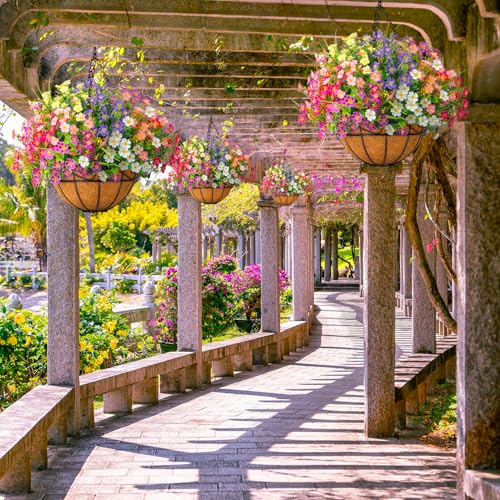 Ouddy Decor Artificial Hanging Flowers with Basket, Faux Silk Flowers in Coconut Lining Basket, Spring Summer Outdoor Decor Fake Hanging Plants for Garden Patio Yard Porch Lawn, Mixed Color - color: Mix Color