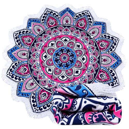 Benefeet Sox Large Mandala Beach Towel Round Microfiber Circle Beach Towels Bohemian Roundie Beach Blanket Quick Dry Beach Throw Blanket Sand Free Pool Towels, 59 Inches Blue Pink - color: Mandala, Blue Pink