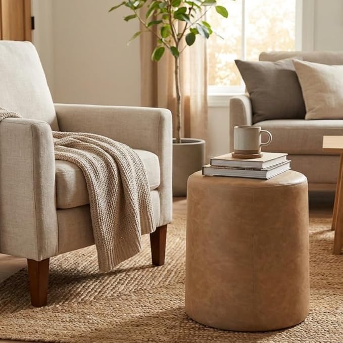 Spatial Order Faux Leather Organic ShapeOttoman (No Lid, Seat Only) | HomePop Home Décor | Round Pouf Foot Rest – Sand Faux Leather
