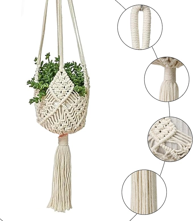 2 Pack Macrame Hanging Planters with Patterns - Stylish Plant Hangers Crochet Boho Plant Holder Hanging Plant Basket for Up to 6 Inch Pots(White)