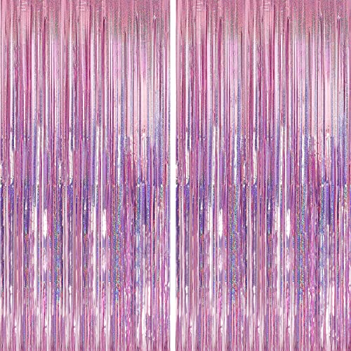 Crosize 2 Pack 3.3 x 9.9 ft Laser Pink Foil Fringe Backdrop Curtain, Streamer Backdrop Curtains, Streamers Birthday Party Decorations, Tinsel Curtain for Valentine‘s Day Parties, Galentines Decor - color: Iridescent Pinkish, size: 2 Pack