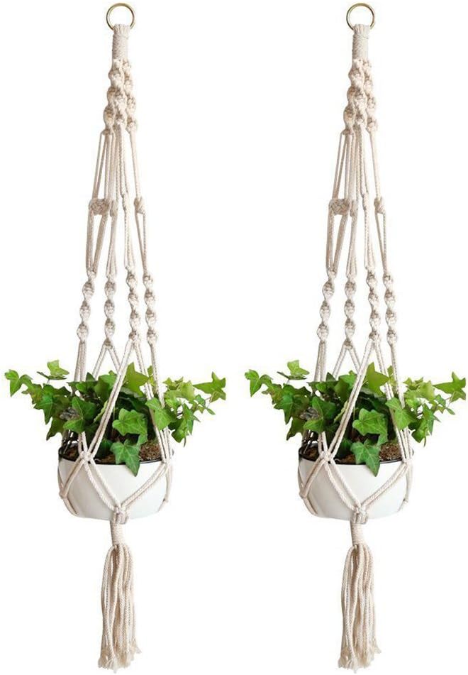 Macrame Plant Hanger, 2 Pack Plant Hanger, Cotton Rope Plant Hangers Indoor Outdoor, 4 Legs Plant Hanger Brackets, Flower Pot Hanging Plant Holder for Home Decorations (White) (40 Inch)