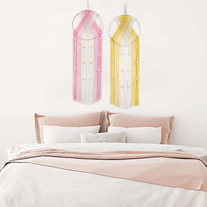 LB 2Pc Boho Macrame Wall Hanging Boho Aesthetic Wall Decor Pink and Yellow Hand Woven Cotton Macrame Wall Art with Wood beads Modern Tapestry for Home, Bedroom, Living Room