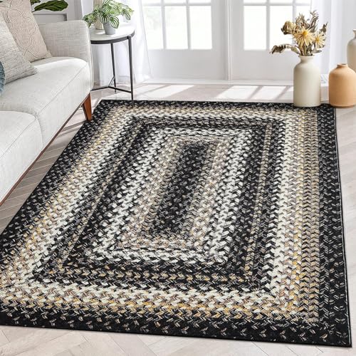 ROYHOME Braided Print Boho Rug 5x7 Living Room Area Rugs Modern Geometric WashableThrow Carpet Farmhouse Large Accent Carpet for Bedroom Kitchen Nursery Office, Black - size: 5' x 7' (Rectangular)
