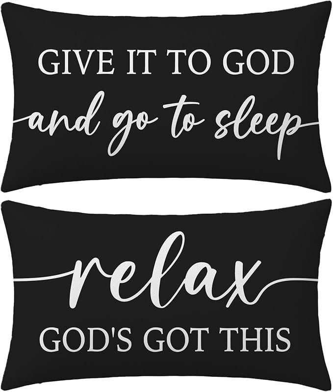 Black and White Christian Throw Pillow Covers 12x20 Inch Set of 2 – Relax God’s Got This/Give It to God and Go to Sleep – Inspirational Lumbar Pillowcase for Couch or Bed Decor