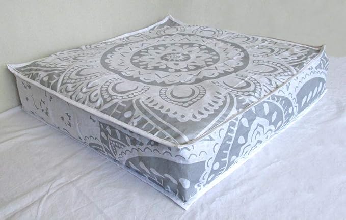 CRAFT KALA Mandala Floor Pillow Cushion Cover Seating Throw Cover Hippie Decorative Bohemian Ottoman Poufs Pillow Cases Boho Indian Cotton Living Room Yoga Home Décor 24" Square, White Silver Flower