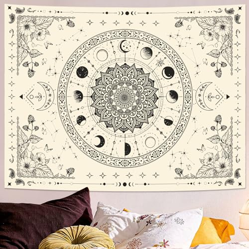 Lunerfex Mandala Moon Tapestry Boho Tapestry for Bedroom Black and White Tapestries Wall Hanging Living Room Wall Art and Home Decor 44x60 - color: Ivory, size: 60"L x 44"W