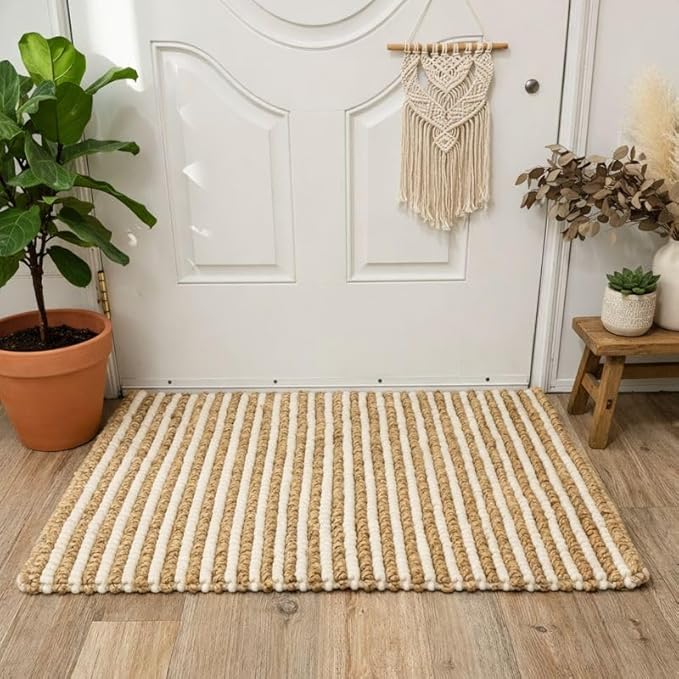 FRELISH DECOR Wool and Jute Premium Handwoven Chunky Stripes Rug - Contemporary Doormat for Bedroom Entryway Kitchen (2' x 3' - Natural Ivory)