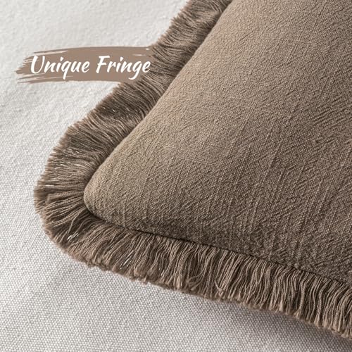 MIULEE Decorative Throw Pillow Covers Neutral Linen Fringe Throw Pillows Set of 2 Cocoa Brown Boho Farmhouse Cushion Covers for Couch Sofa Bed Living Room Spring Home Decor 18x18 Inch - color: Cocoa Brown, size: 18" x 18" (Pack of 2)