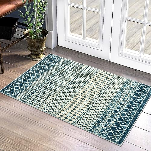Geometric Moroccan Small Rug 2x3, Soft Non-Slip Distressed Retro Blue Rug Front Door Mat, Machine Washable Kitchen Rug Indoor Door Mats for Entryway Bedroom Bathroom Kitchen - color: Royal Blue, size: 2' x 3' (Rectangular)