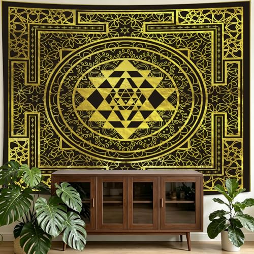 SHRAPHY Golden Sri Yantra Tapestry 60x60 Inches Mandala Sacred Geometry Decor Tapestry Yoga Meditation Spiritual Tapestries for Room Bedroom GTHYUH566