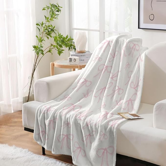 Pink Bows Blankets Preppy Coquette Room Decor Electric Blanket Pink Girls Bedroom Decor Bow Throw Blanket Coquette Girly Blanket Gifts for Women Teens Soft Flannel Lightweight 30"x40"