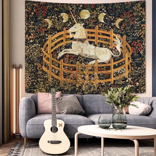 Yeoiat Unicorn Tapestry Medieval Wall Tapestry, Moon Tapestries for Bedroom Art Tapestries Wall Hanging for Bedroom Living Room 44"x60" - color: Ivory, size: 60"L x 44"W