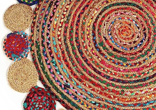 GRUHUM Round Jute Area Rug 7'ft Natural Handwoven Cotton Multi Chindi Boho Colorful Rustic Vintage Soft Braided Reversible Bohemian Rug- Indoor Outdoor Kitchen Bedroom Living Hallways 7'ft Circle - color: Multi Color- 11, size: 7' (Round)