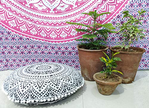 INDIAN CRAFT CASTLE 24" Grey Ombre Mandala Barmeri Large Floor Pillow Cover Cushion Meditation Seating Ottoman Throw Cover Hippie Decorative Zipped Bohemian Pouf Ottoman Pom Pom Cases 24" Round - color: Grey, style: 24 Inch Round