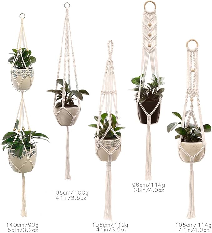 Macrame Plant Hangers Handmade Cotton Rope Flower Pot Holder Boho Theme Indoor Outdoor - Pack of 5 with Ceiling Hooks