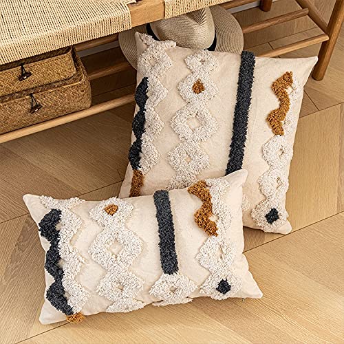 Beige Cream Boho Woven Tufted Lumbar Pillow Cover,Morocco Gray Brown Geometric Stripes Textured Indian Tribal Decorative Pillowcase,Farmhouse Cushion Cover for Bedroom Living Room Couch.12x20 Inch - color: D