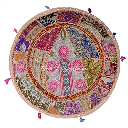 Round Ethnic Cotton Ottoman Pouf Cover Patchwork Embroidered Beige Floral Pouffe Furniture Stool Indian 45 cm Footstool Floor Cushion Decor Bean Bag Living Room - color: Beige