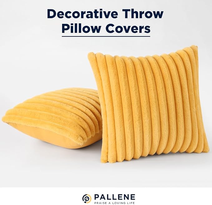 Pallene Faux Fur Plush Throw Pillow Covers 24x24 Set of 2, Luxury Soft Fluffy Striped Decorative Pillow Covers for Sofa, Couch, Living Room, Mustard Yellow