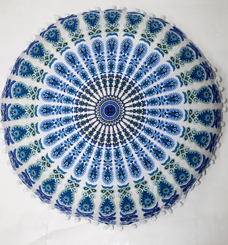 Sky Green Peacock Round Mandala Floor Pillow Cover Seating Cushion Throw Cover Hippie Decorative Bohemian Ottoman Pouf Cover, Pom Pom Pillow Cases,Boho Indian 32 Inches - color: Sky Green, size: 32" Round