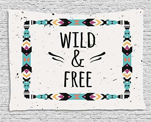 Ambesonne Tribal Tapestry, Abstract Geometrical Frame Wild and Free Words Boho Style Art Print, Wide Wall Hanging for Bedroom Living Room Dorm, 60" X 40", Turquoise Coconut - color: Turquoise Coconut, size: 60"L x 40"W