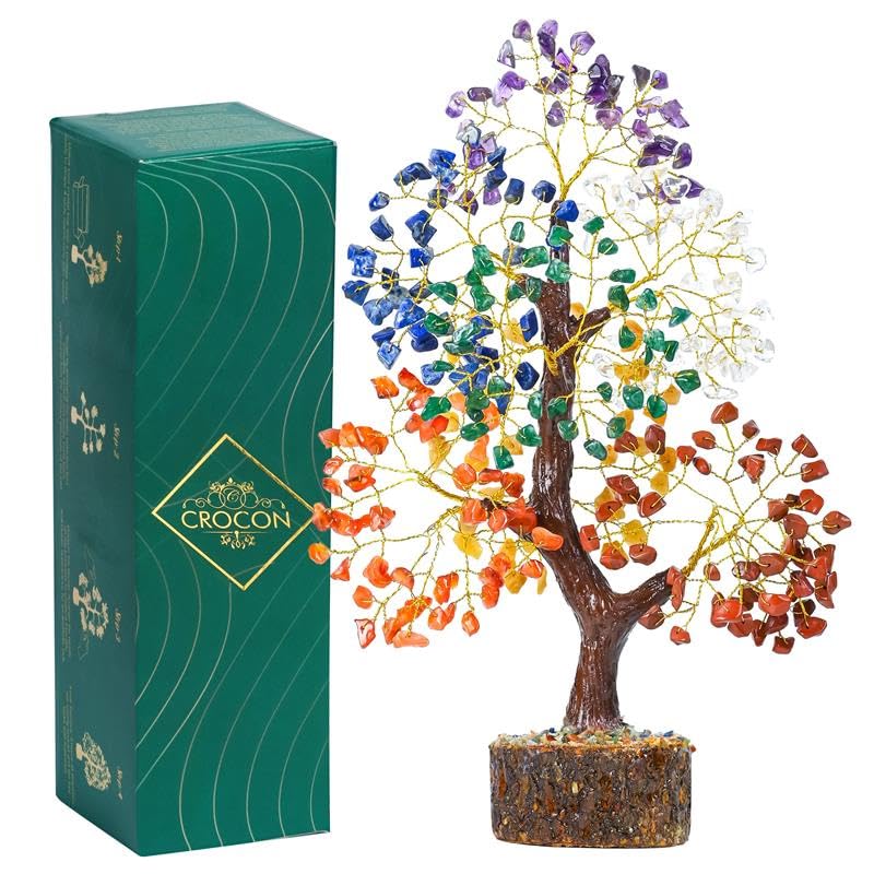 Crocon® Natural Trunk 7 Chakra Crystals Tree of Life, Birthday Gifts for Women, Men & Friends, Crystals & Healing Stones, Home Decor, Men Gift Ideas, House Warming Gifts New Home for Mom & Sister - color: 001st Seven Chakra ( Natural Tree )