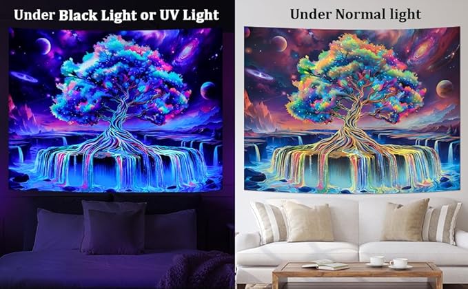 Obsecolors Blacklight Tree of Life Tapestry UV Reactive Waterfall Tapestry Galaxy Space Aesthetic Tree Wall Tapestries Colorful Starry Sky Tapestries Wall Hanging for Bedroom