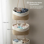 Hanging Wall Basket, Over the Door Hanging Basket with Hooks, 3-Tier Cotton Hanging Basket for Organizing, Decorative Boho Chic Decor for Wall, Bedroom, Living Room, Nursery, Whte & Jute