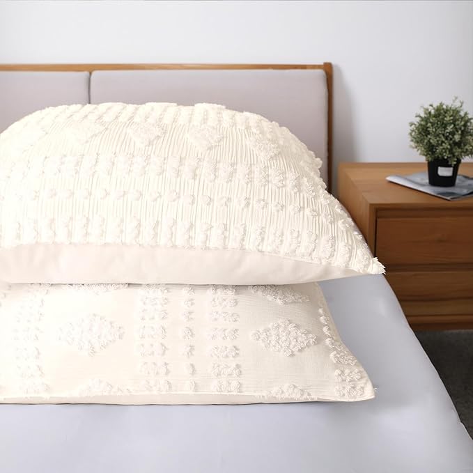 YINFUNG Ivory Euro Sham Covers Boho Shabby Chic Tufted Cream Off White 26x26 Set of 2 Euro Pillow Covers Poms Diamonds Moroccan Embroidery Farmhouse Large Pillow Cover