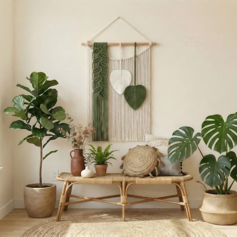 SunsprieJoy Macrame Wall Hanging, Boho Wall Decor Handmade Yarn Woven Leaf Tapestry, Modern Wall Art for Bedroom Nursery Kitchen Dining Room Bathroom, Home Decoration Gift for Women – Green - style: Vertical Leaf