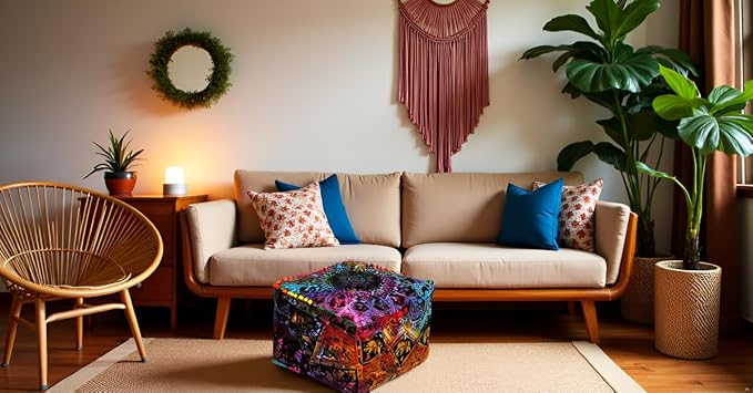 CRAFT KALA Square Mandala Floor Pillow Cushion Cover Seating Throw Cover Hippie Decorative Bohemian Ottoman Cover Poufs Pom Pillow Cases Boho Cotton Living Room Home Décor 20X20X14 inches, Multi Star