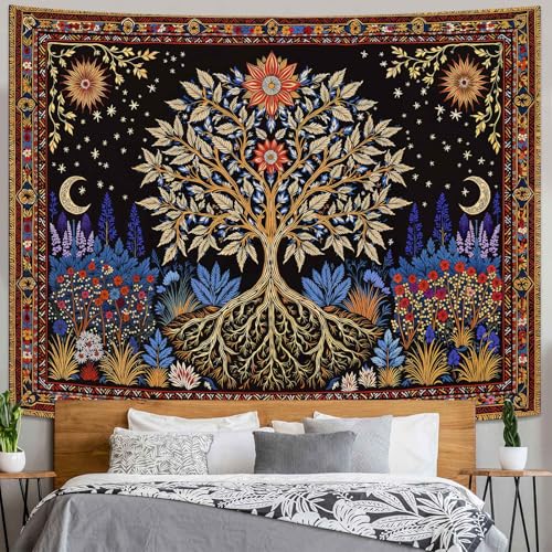 Spenlife Tree of Life Tapestry, Mystical Floral Tapestries for Bedroom, Celestial Wall Decor, Blacklight Tapestries (60" x 44") - color: Black Green, size: 60"L x 44"W