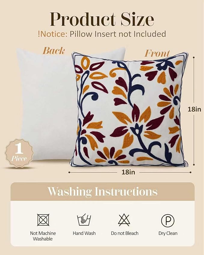 Embroidered Floral Boho Throw Pillow Cover 18x18 Inch - Decorative Cotton Pillow Case for Couch, Sofa, Bedroom, Living Room - Farmhouse Home Aesthetic Housewarming Gifts (Vintage Charm, 18" x 18")