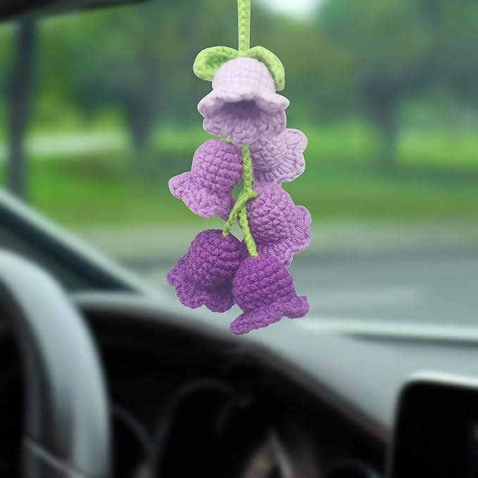 Car Rearview Mirror Hanging Ornament, Crochet Flower Basket Plant Accessory, Handmade Knitted Car Ornament Boho Accessory for Women (Lily of The Valley(Purple))