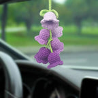 Car Rearview Mirror Hanging Ornament, Crochet Flower Basket Plant Accessory, Handmade Knitted Car Ornament Boho Accessory for Women (Lily of The Valley(Purple))