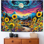 Dermijer Blacklight Moon Sunflower Tapestry Starry Night Mountian UV Reactive Wall Hanging Tapestries Galaxy Space Nature Landscape Tapestry for Home Decor 78.7L x 59.1W - size: 78.7"L x 59.1"W