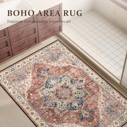 Deerly Area Rug 3x5 Small Entryway Rug Boho Thin Area Rugs for Living Room Non-Slip Lightweight Washable Rug for Kitchen Entryway Bedroom Dining Room Office, Brickred/Multi - color: Brickred & Multi, size: 3' x 5' (Rectangular)